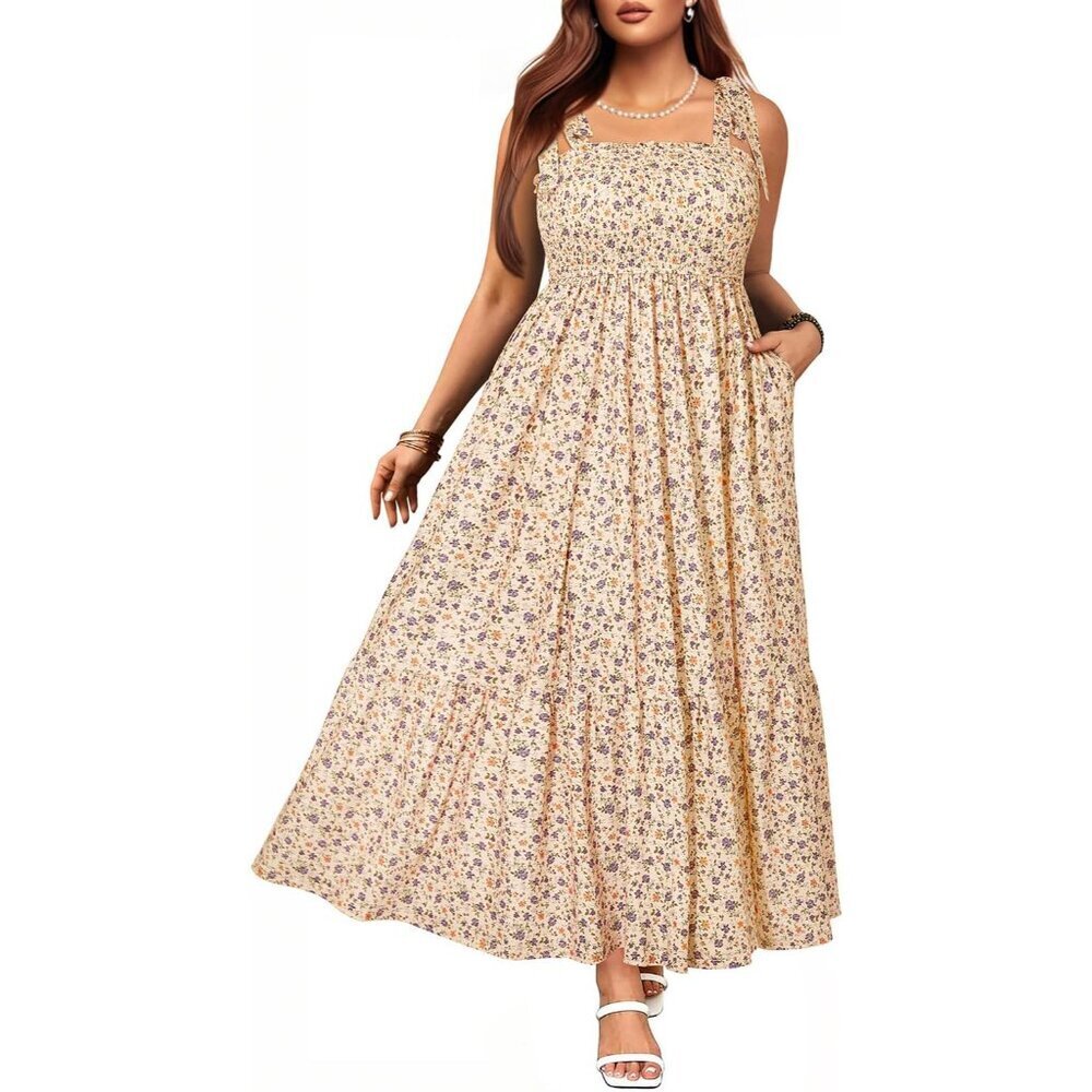Women Plus Size Summer Maxi Dress Smocked Bust Pockets Beach Casual